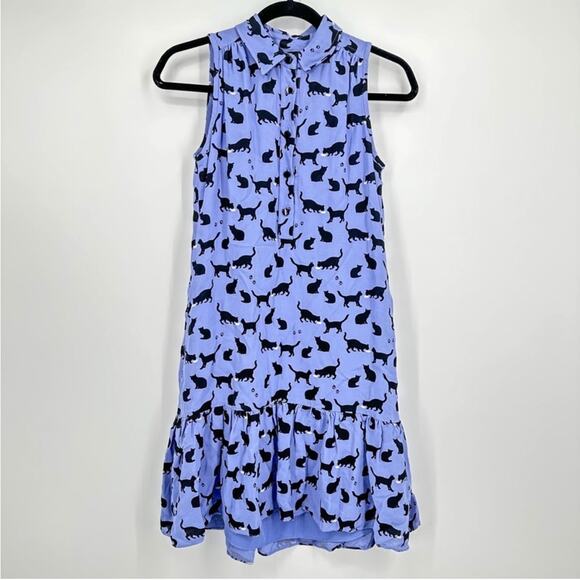 Kate Spade Periwinkle Black Cat Kitty Print Drop Waist Shift Dress Women Size 0 - Picture 1 of 8